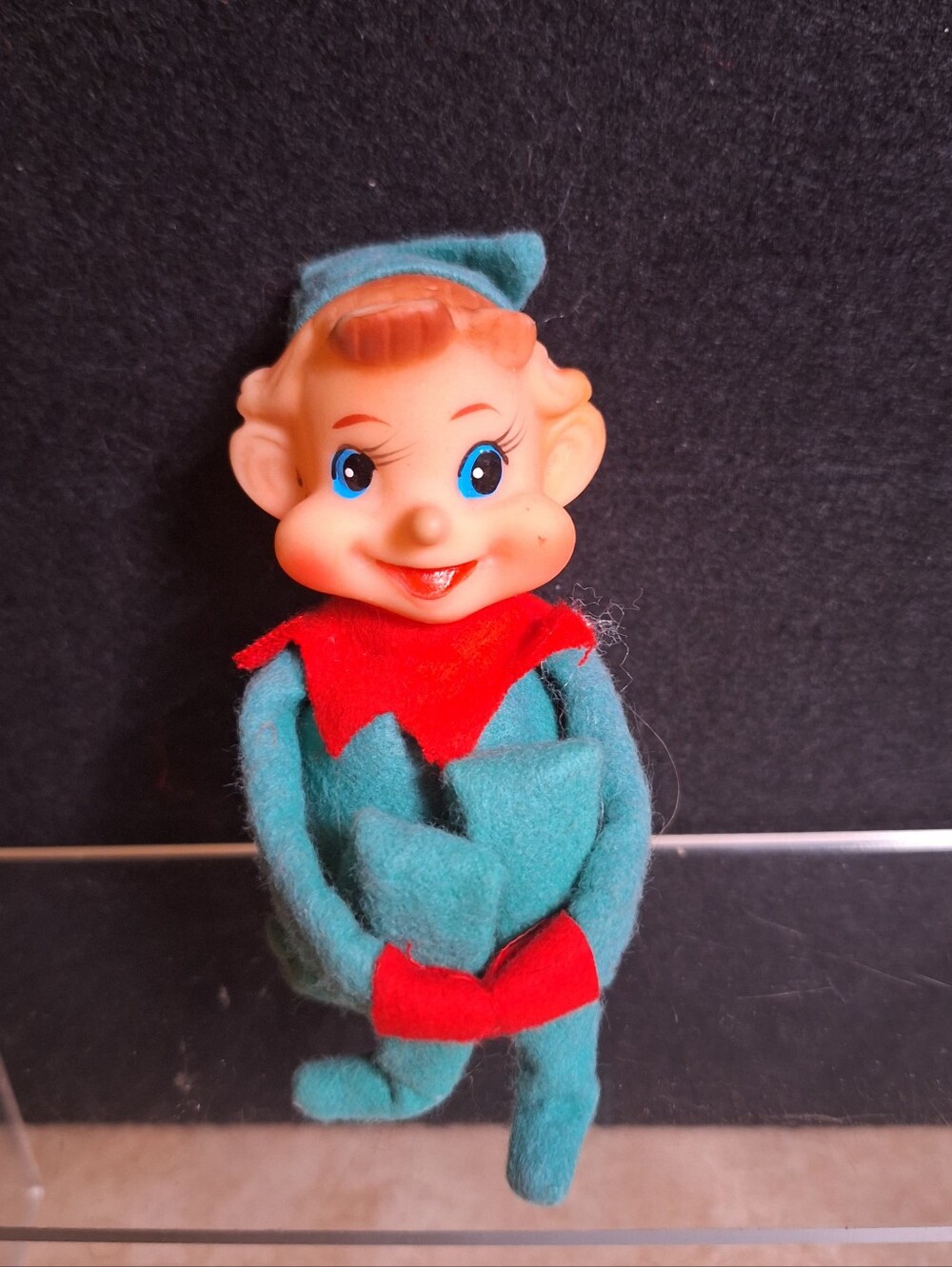 Vintage Christmas Knee Hugger Pixie Elf Japan 1950s Green And Red Rubber Face